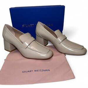 Stuart Weitzman Glossy Beige Patent Leather Block Heel Loafers